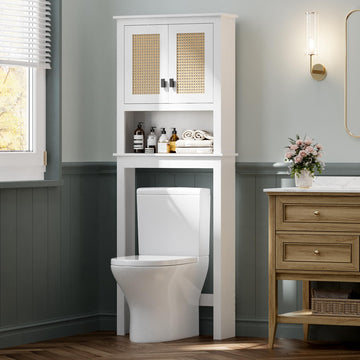 Meuble de rangement Garvee à suspendre au-dessus des toilettes, portes en rotin, étagère réglable, bois, blanc, pour salle de bain et buanderie