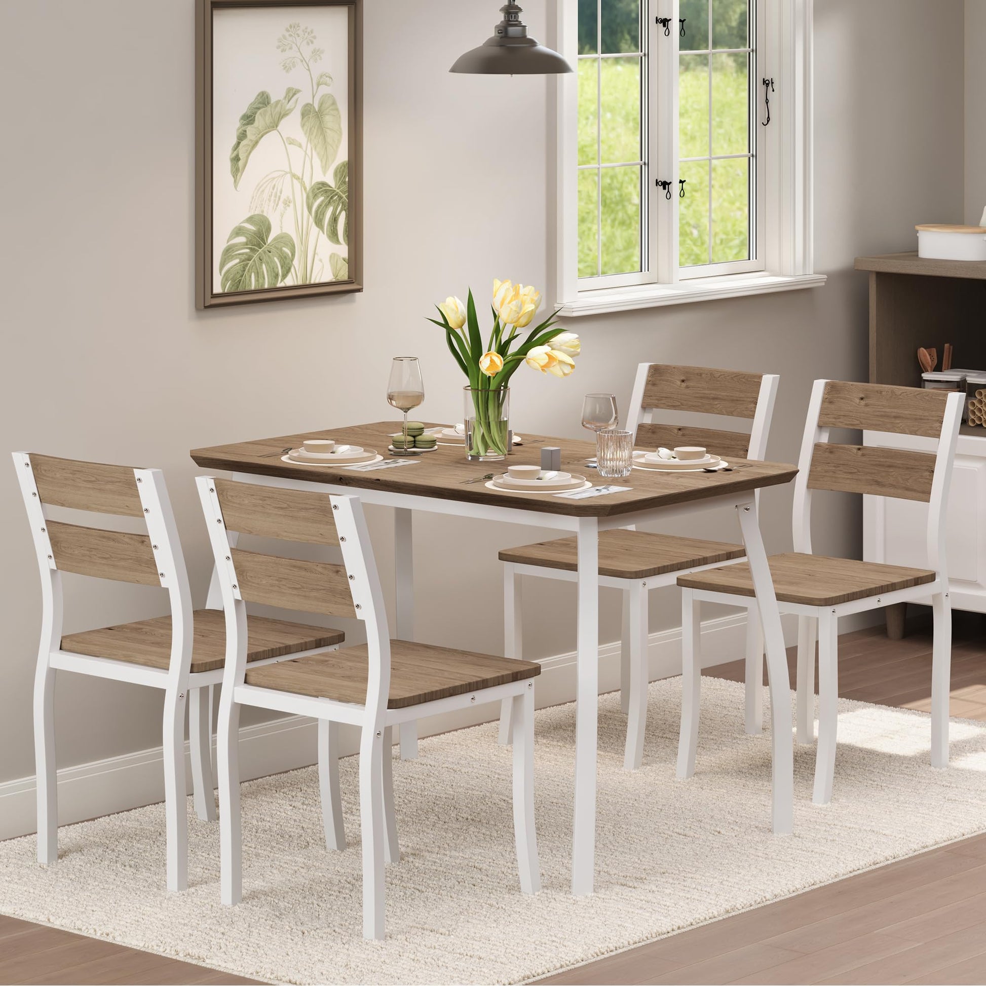 Ensemble table et chaises de salle à manger Garvee pour 4 personnes, structure en métal, design d'angle, chaises ergonomiques, bois, blanc, gain de place pour les petites pièces