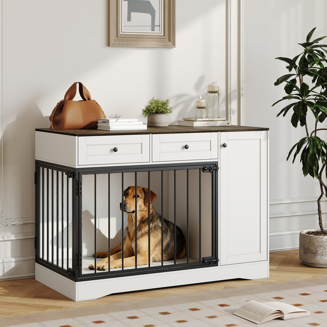 Meuble cage pour chien Garvee 47" style ferme avec double porte, 2 tiroirs et rangement, bois et métal, cage d'intérieur moderne, meuble TV, buffet pour chiens de petite et moyenne taille, marron