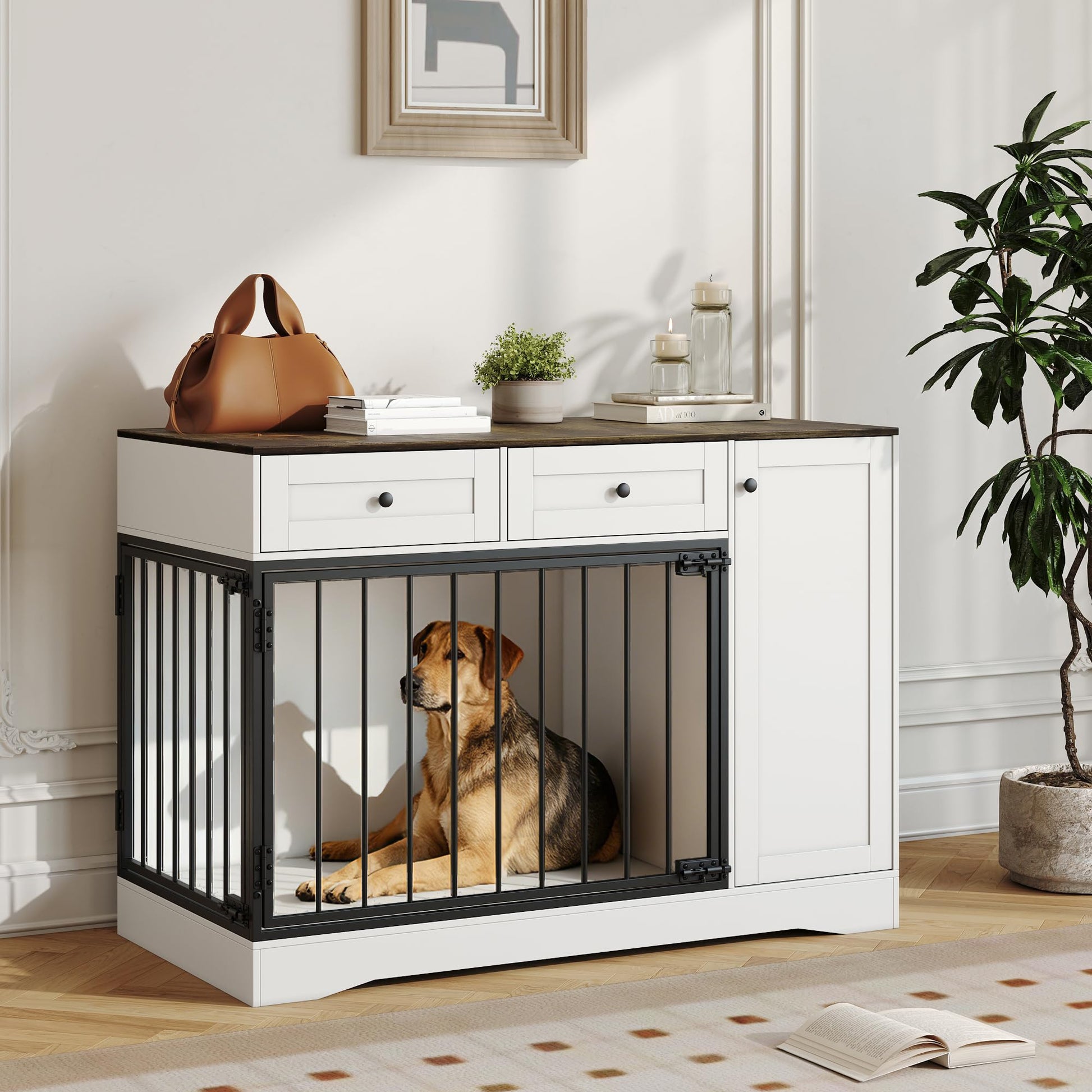Meuble cage pour chien Garvee 47" style ferme avec double porte, 2 tiroirs et rangement, bois et métal, cage d'intérieur moderne, meuble TV, buffet pour chiens de petite et moyenne taille, marron