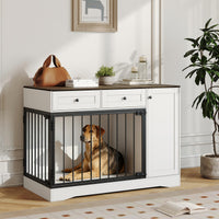 Meuble cage pour chien Garvee 47" style ferme avec double porte, 2 tiroirs et rangement, bois et métal, cage d'intérieur moderne, meuble TV, buffet pour chiens de petite et moyenne taille, marron