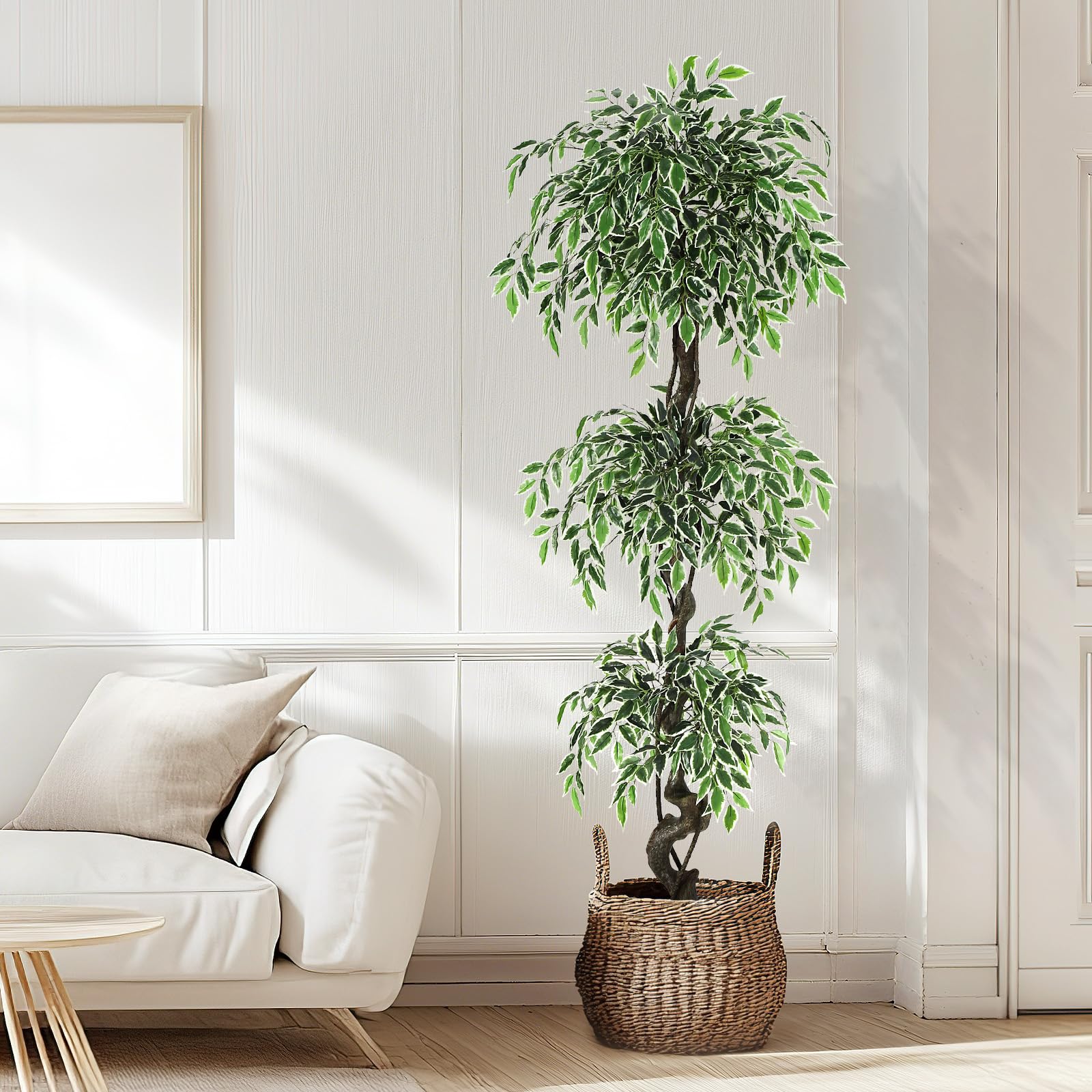 Garvee Ficus artificiel panaché blanc 180 cm en PE, feuillage réaliste et durable pour décoration intérieure et extérieure