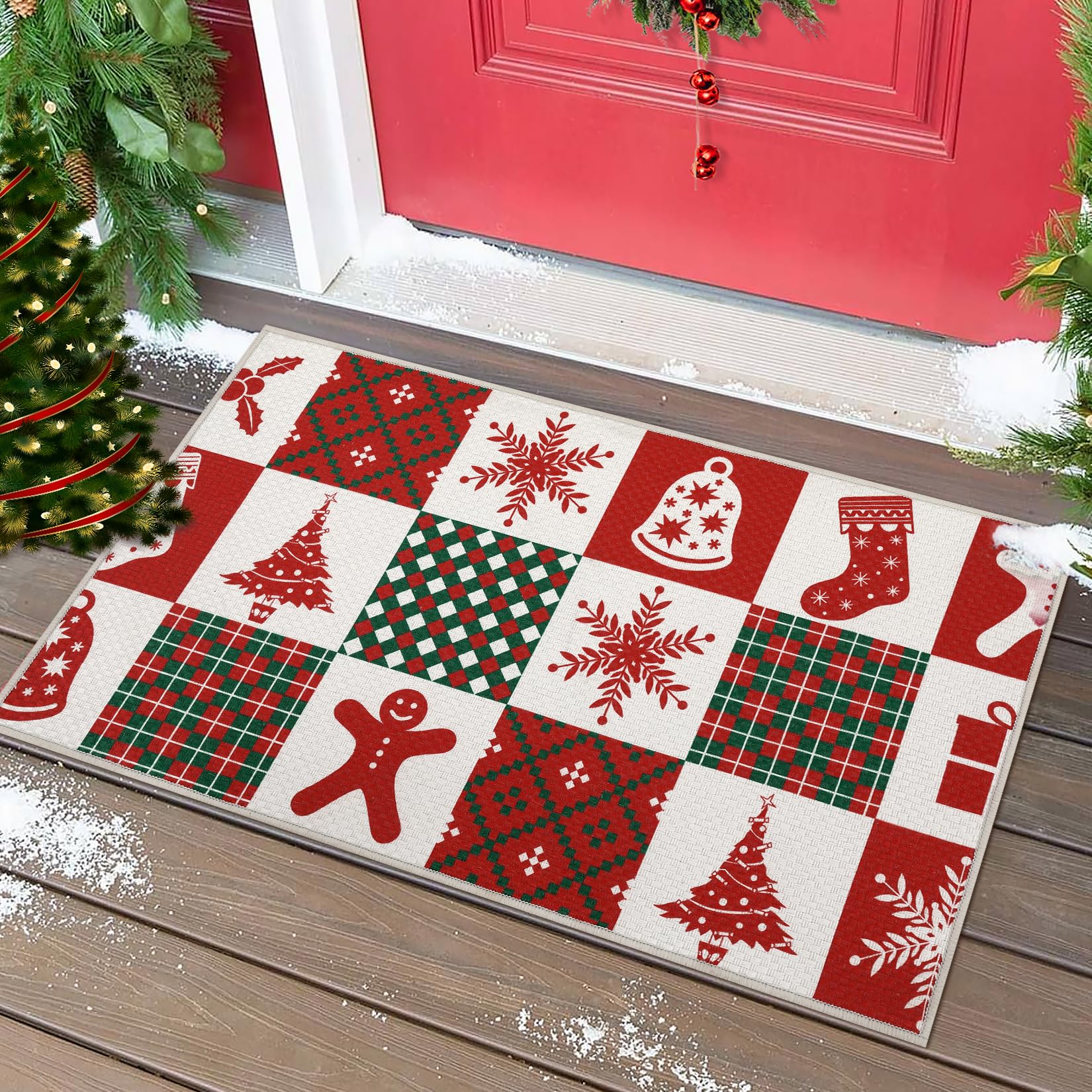 Tapis de Noël Garvee anti-salissures d'extérieur antidérapant, lavable et absorbant, 40 x 80 cm, blanc