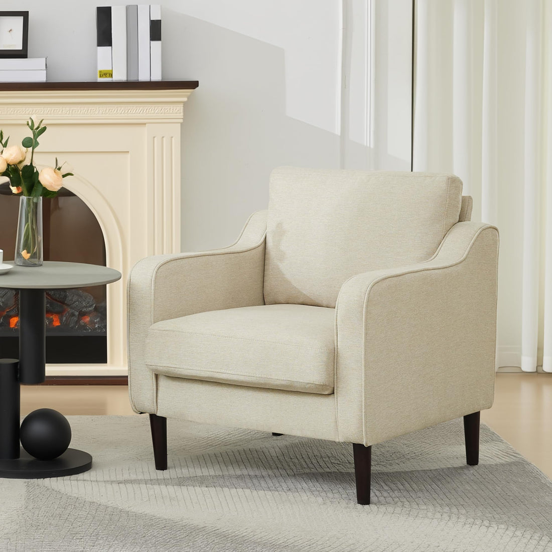 Garvee Fauteuil d'appoint style Mid-Century, revêtement en lin beige, pour salon et bureau, 76cm (L)×81cm (H), mousse confortable, structure en bois
