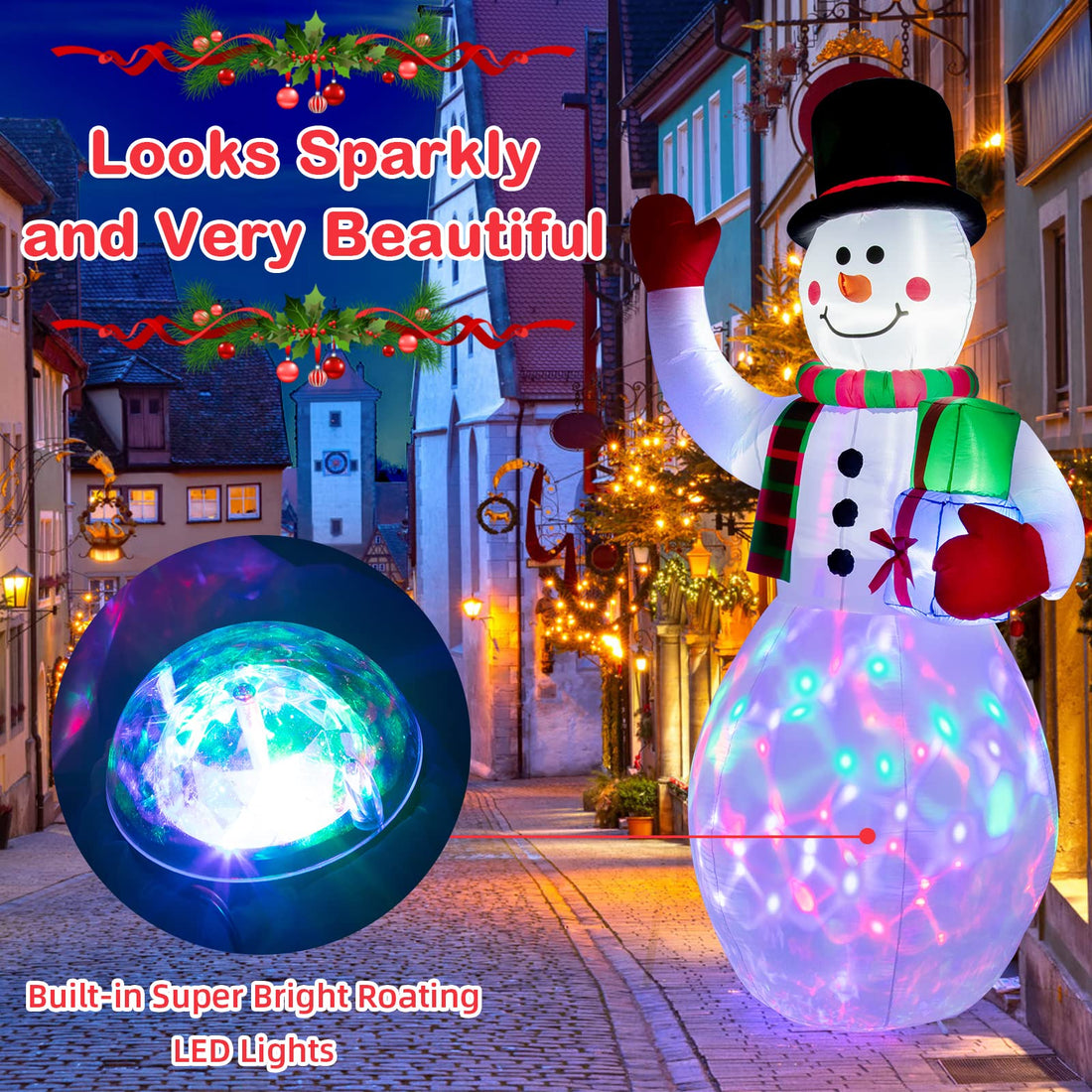 Garvee Bonhomme de neige gonflable 240 cm avec lumière LED rotative, étanche et coloré, décoration de Noël pour jardin