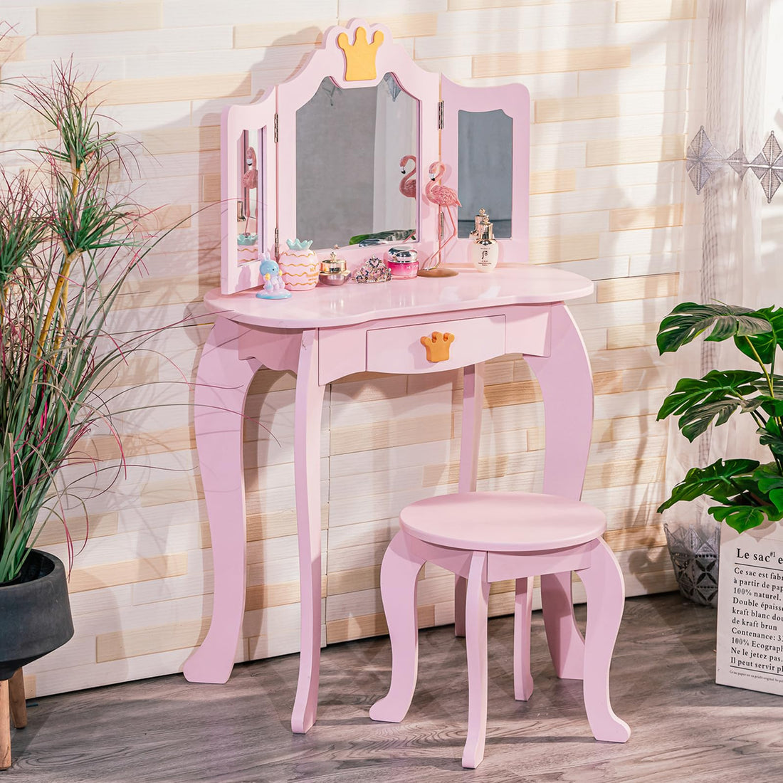 Garvee Coiffeuse pour enfants avec miroir triptyque et tabouret, bureau de maquillage princesse 2 en 1 en bois, ensemble de jeu d'imitation pour tout-petits, Rose