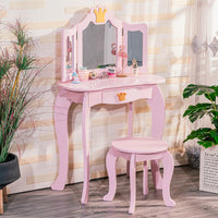 Garvee Coiffeuse pour enfants avec miroir triptyque et tabouret, bureau de maquillage princesse 2 en 1 en bois, ensemble de jeu d'imitation pour tout-petits, Rose