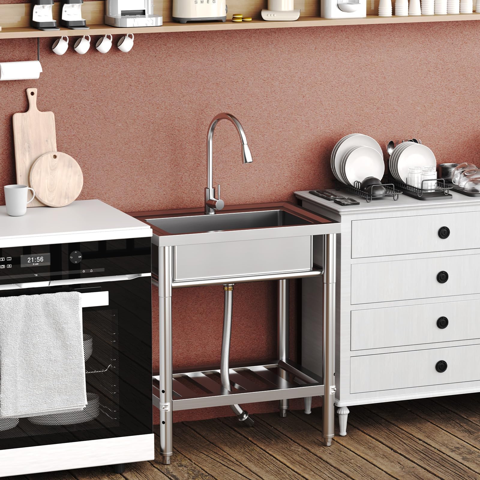 Évier Garvee en acier inoxydable à une cuve avec robinet extractible pour cuisine et garage, 70 x 50 x 86 cm, antirouille