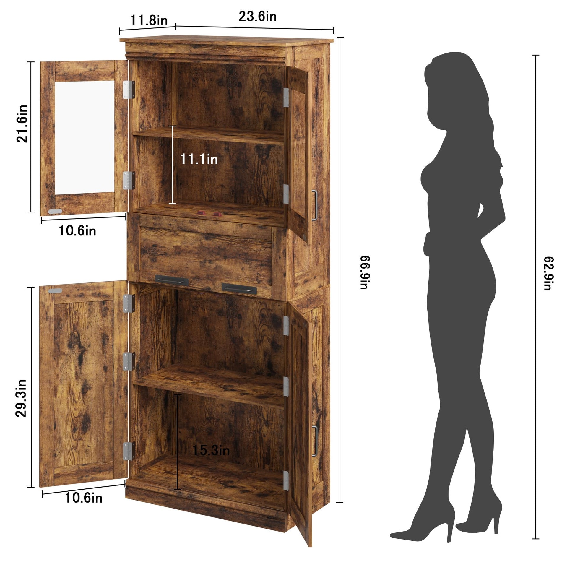 Meuble de salle de bain Garvee de 170 cm de haut avec 4 portes et tiroir en verre, idéal pour la salle de bain et la cuisine. Étagères réglables, couleur brun rustique, en MDF. Robuste et moderne.