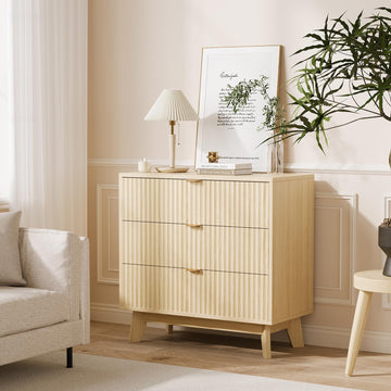 Garvee commode à 3 tiroirs, style mid-century moderne, design cannelé, MDF et bois massif, système anti-basculement, chambre, salon, 80 cm l × 79 cm h