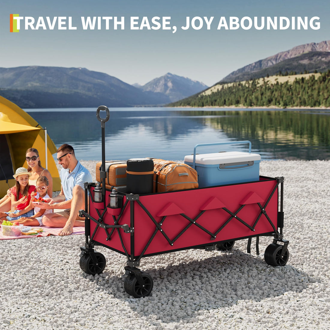 Garvee Chariot de plage pliable avec roues tout-terrain, 18 cm, cadre en acier, charge 159 kg, porte-gobelet, 137 x 73 x 107 cm, plage et extérieur