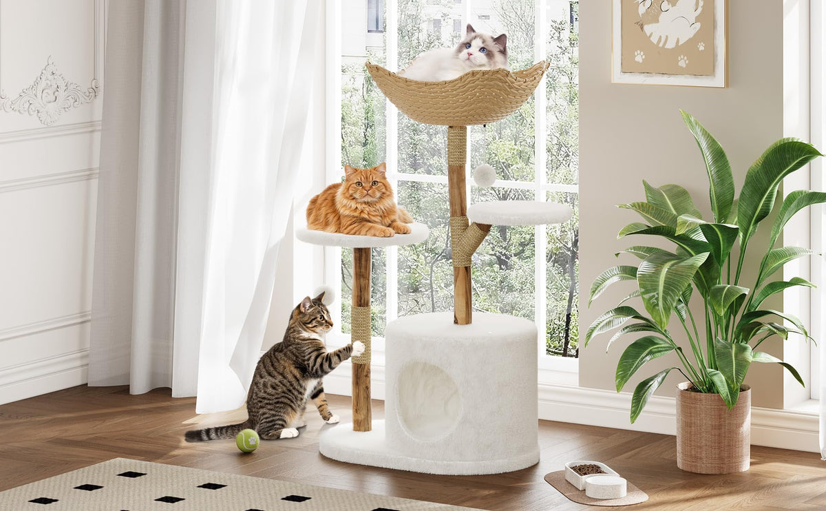 Arbre à chat Garvee 43'' en bois naturel avec panier en rotin pour salon, stable pour les grands chats, design moderne, peluche douce