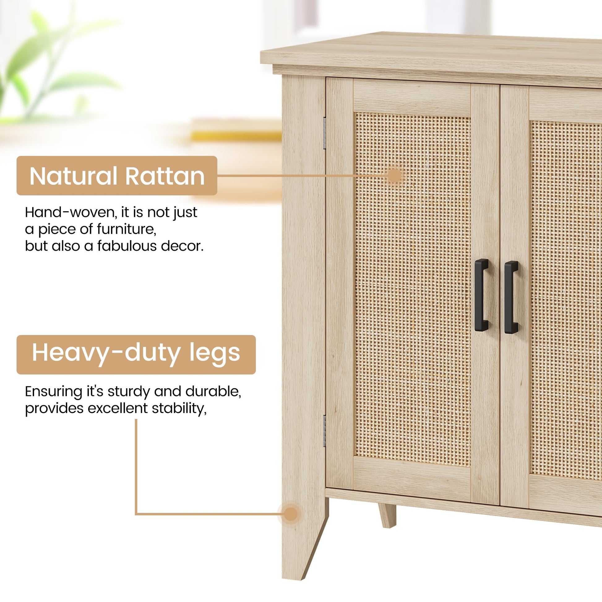 Petit meuble de rangement Garvee avec portes et étagères, buffet en rotin pour salon et cuisine, 76 x 40 x 80 cm, couleur naturelle