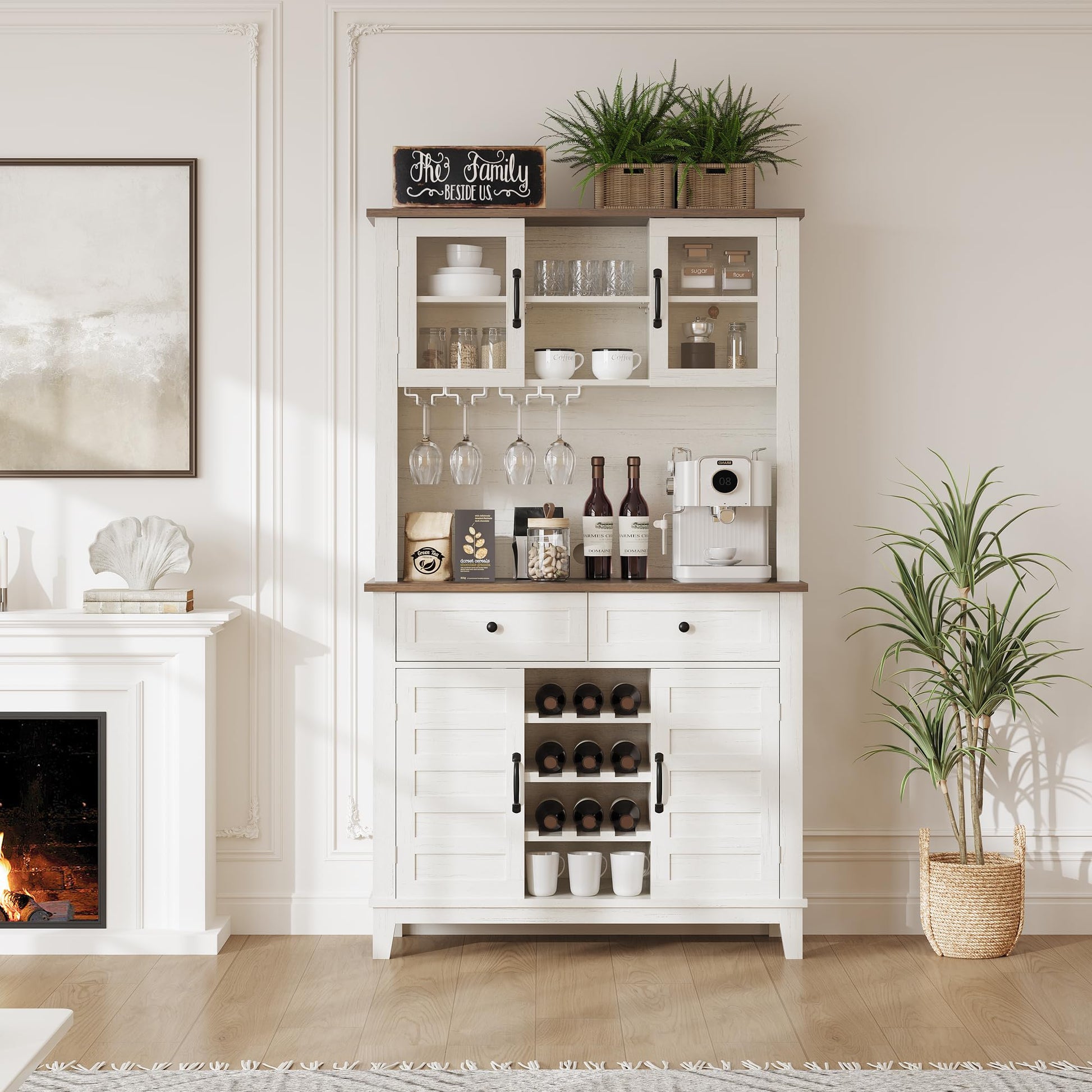 Meuble de cuisine Garvee de 183 cm de haut avec 4 portes, casier à vin, tiroirs, blanc, salle à manger, coin café, bois, étagères réglables