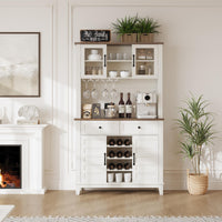 Meuble de cuisine Garvee de 183 cm de haut avec 4 portes, casier à vin, tiroirs, blanc, salle à manger, coin café, bois, étagères réglables