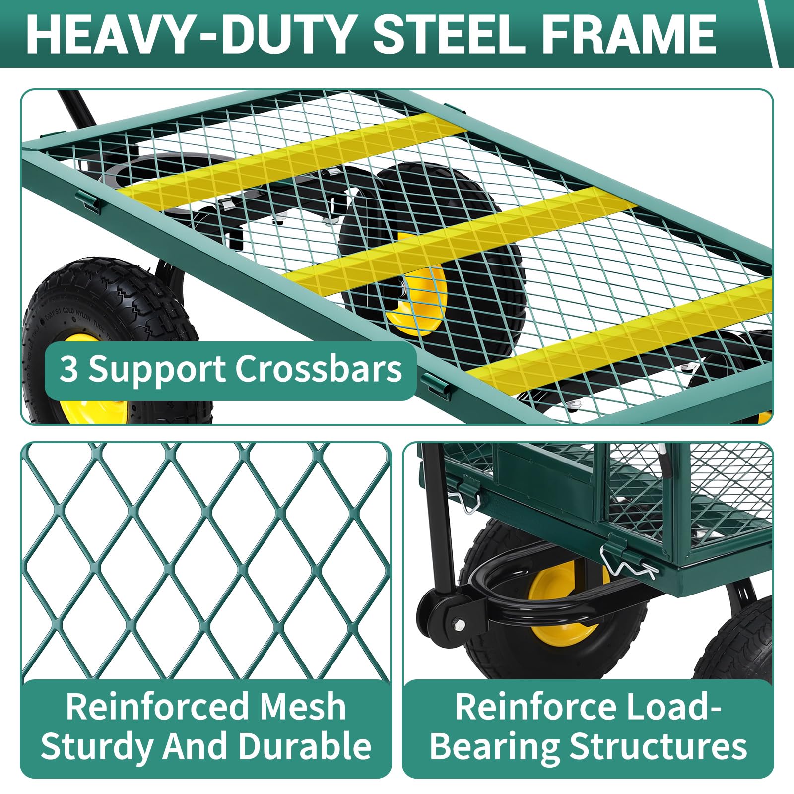 Chariot de jardin robuste en acier Garvee, capacité de charge de 500 kg, poignée pivotante à 180°, pneus pneumatiques de 25 cm, côtés amovibles, pour jardin et cour, en métal résistant