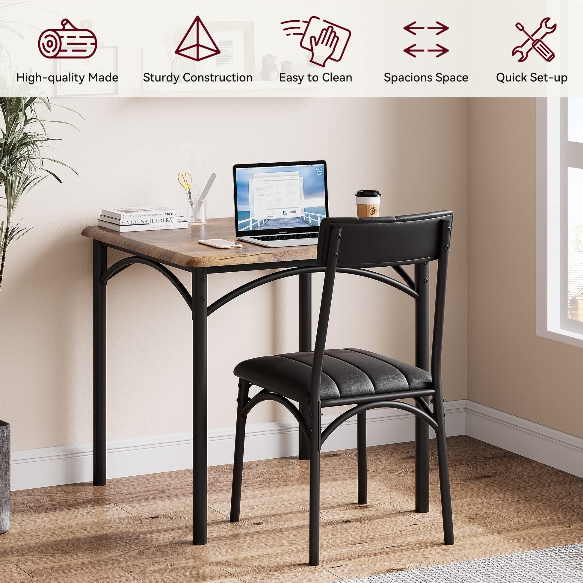 Ensemble de salle à manger Garvee pour 2 personnes, table de cuisine carrée marron rustique avec chaises rembourrées, structure robuste en MDF et acier, gain de place