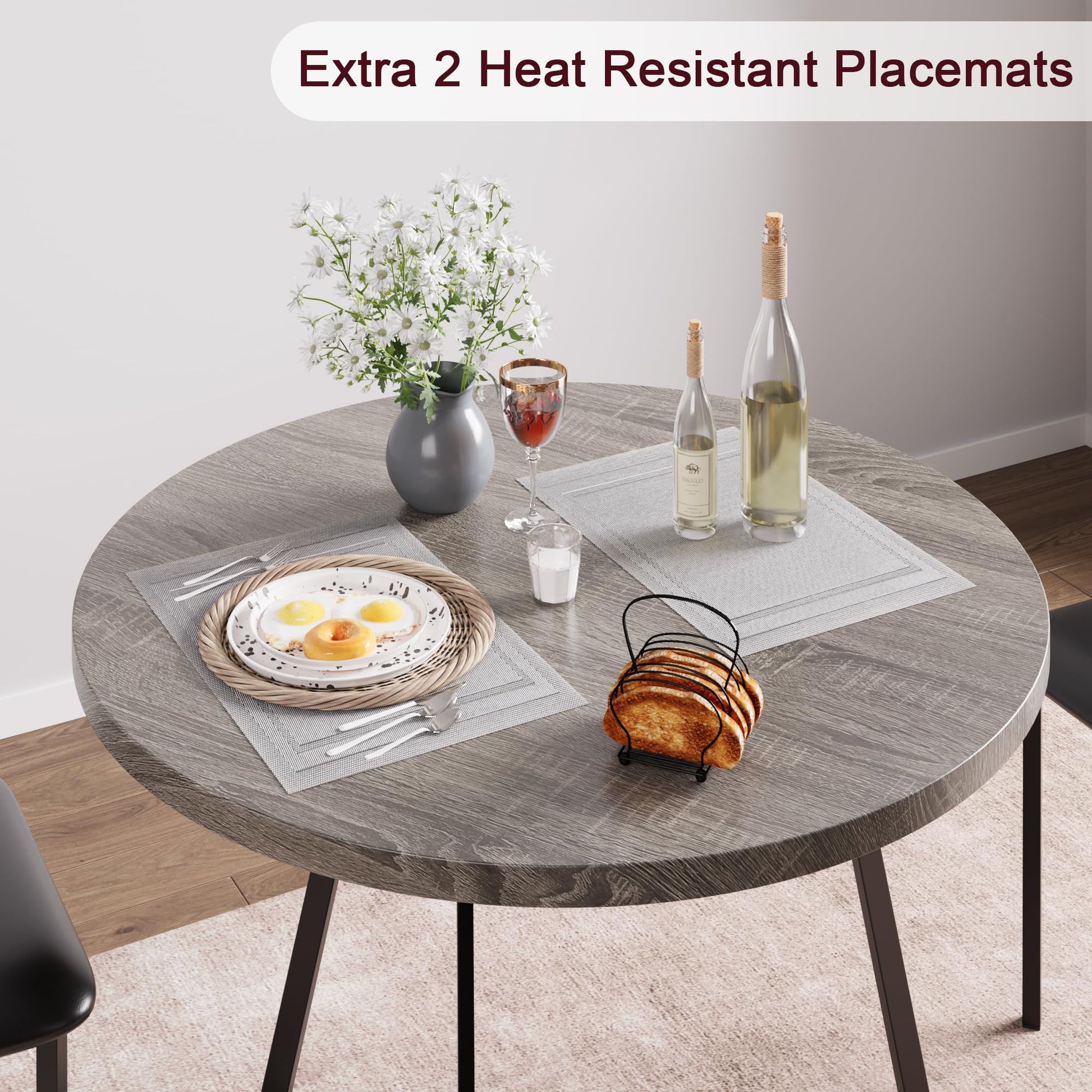 Table de salle à manger ronde Garvee pour 2 personnes avec 2 chaises rembourrées, structure métallique robuste, plateau en MDF, gris rétro, gain de place pour les petites pièces