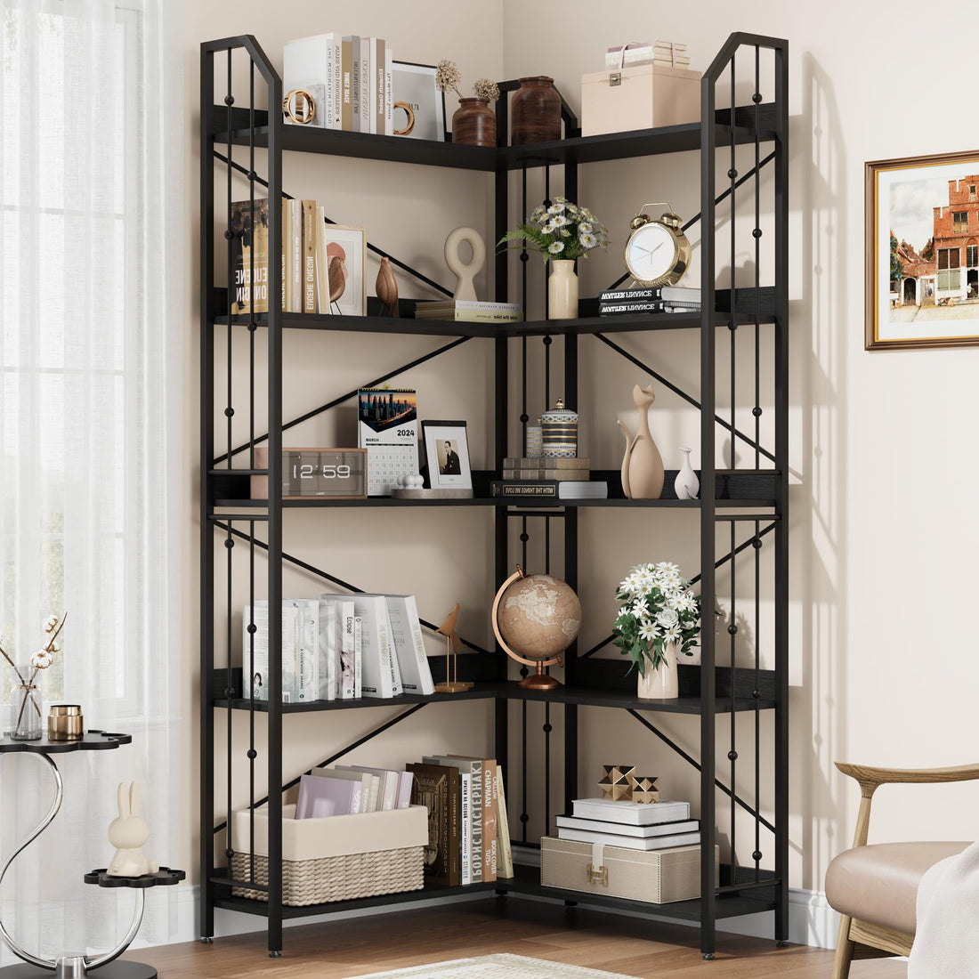 Garvee Étagère d'angle 183 cm (182,9 cm) en forme de L, style industriel, en métal et MDF, pour salon et chambre, robuste, anti-basculement, 5 niveaux