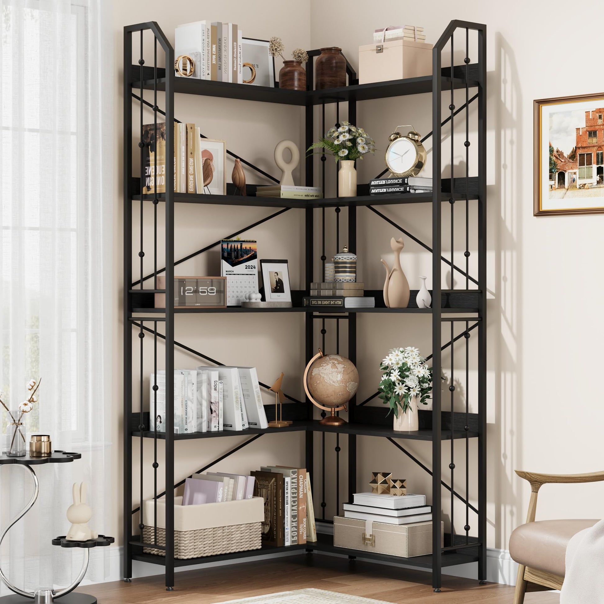 Étagère d'angle Garvee 183 cm (72 po) en forme de L, style industriel, en métal et MDF, pour salon et chambre, robuste, anti-basculement, 5 niveaux, noire