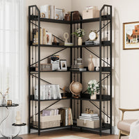 Étagère d'angle Garvee 183 cm (72 po) en forme de L, style industriel, en métal et MDF, pour salon et chambre, robuste, anti-basculement, 5 niveaux, noire