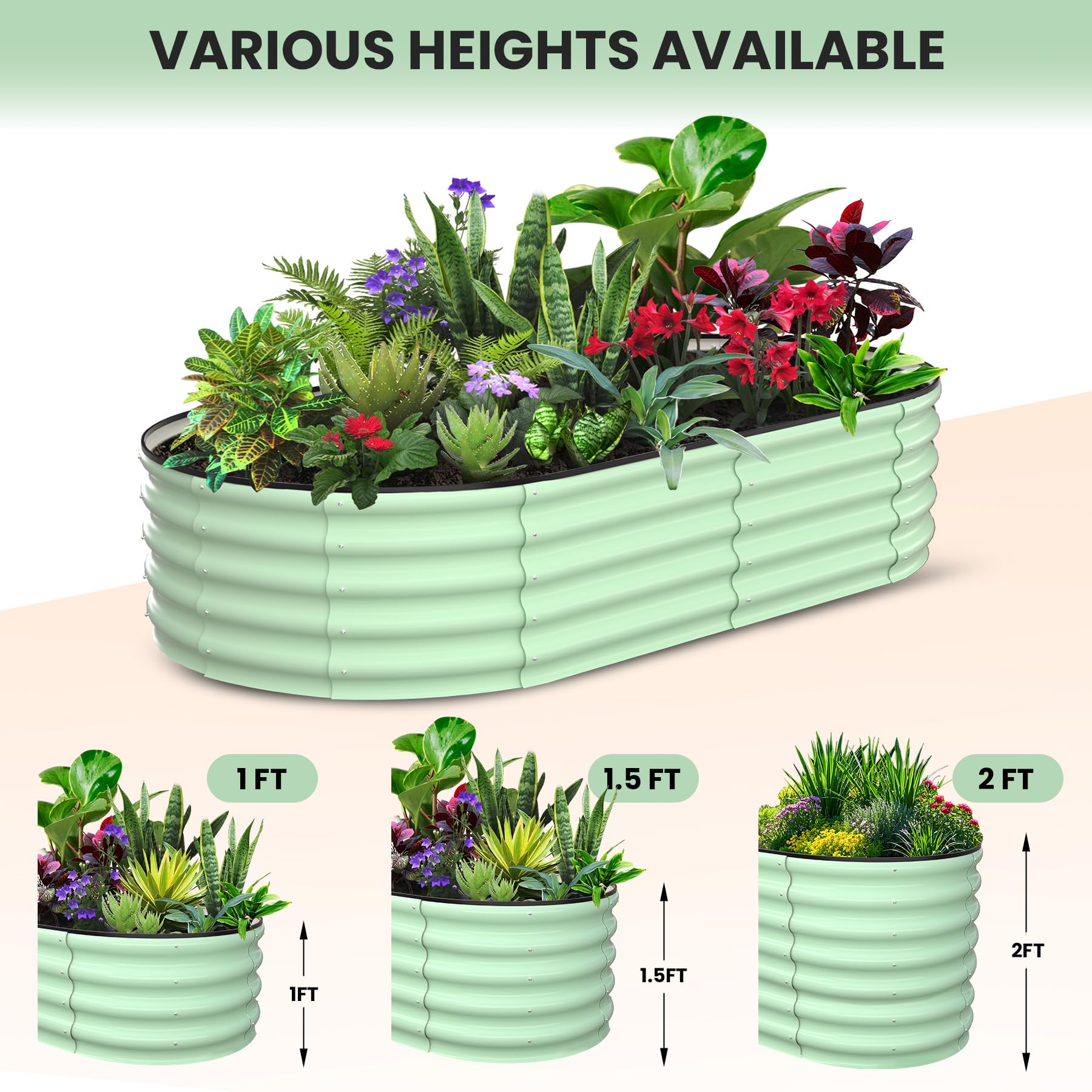 Garvee Lot de 2 jardinières ovales surélevées 183 x 91 x 30 cm en acier galvanisé, résistantes à la rouille, pour jardin et terrasse, vert olive