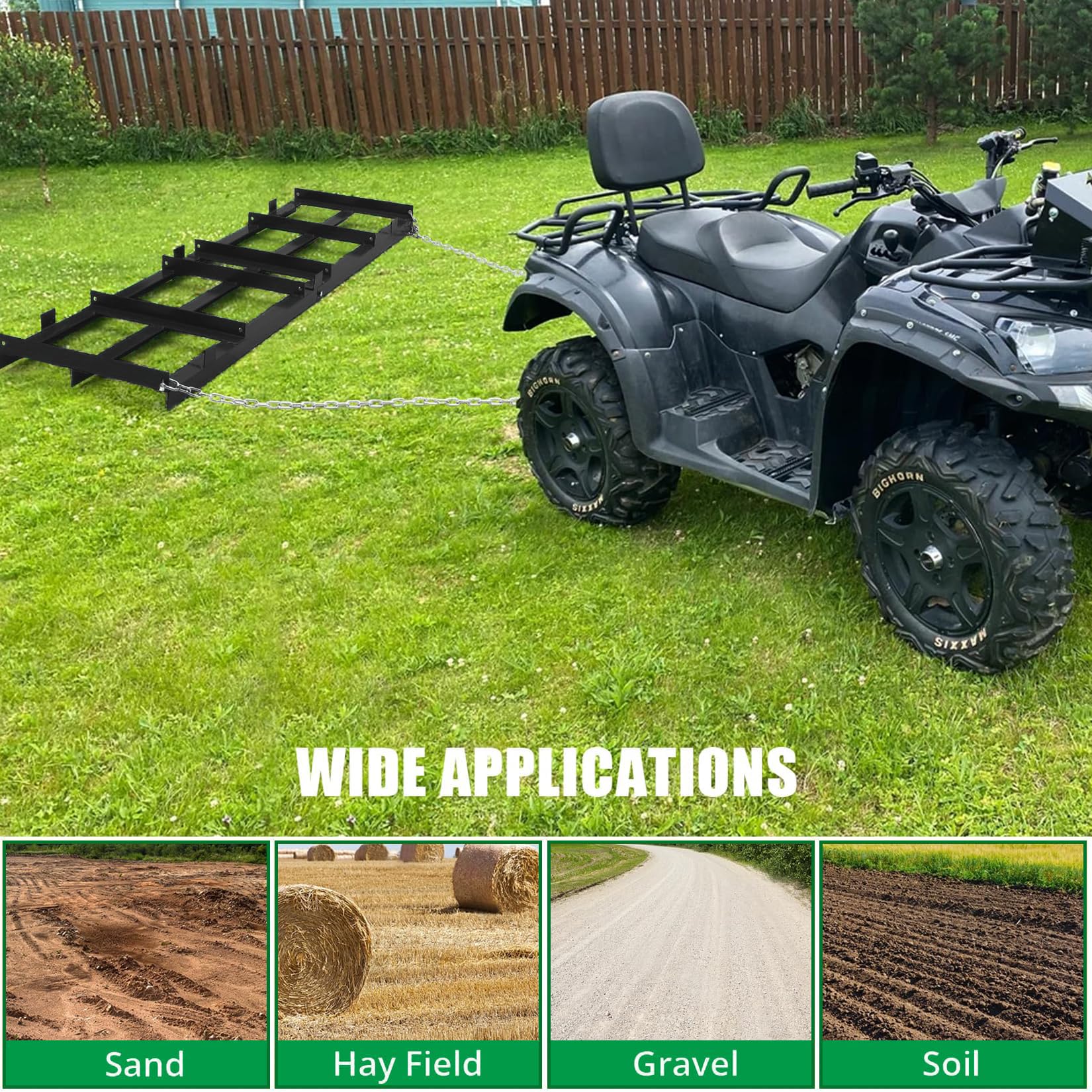 Garvee Harnais de herse traînée de 1,2 m avec barres réglables, chaîne de 1,8 m, acier robuste, pour l'aménagement paysager, compatible VTT, vert