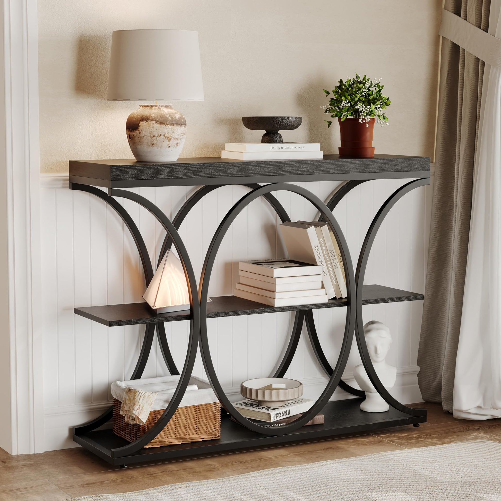Console industrielle Garvee 39", 3 niveaux, avec base en métal et étagères en bois, pour entrée et salon, étroite, robuste et polyvalente