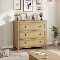 Commode en rotin Garvee 74 cm (29 po) - Bois - 3 tiroirs - Robuste - Grand espace de rangement - Salon - Chambre d'enfant