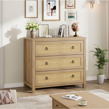 Commode en rotin Garvee 74 cm (29 po) - Bois - 3 tiroirs - Robuste - Grand espace de rangement - Salon - Chambre d'enfant