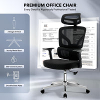 Chaise de bureau ergonomique Garvee en maille avec soutien lombaire réglable, accoudoirs 3D, structure en métal, dossier haut et appui-tête, idéale pour le bureau ou le télétravail, couleur noire.