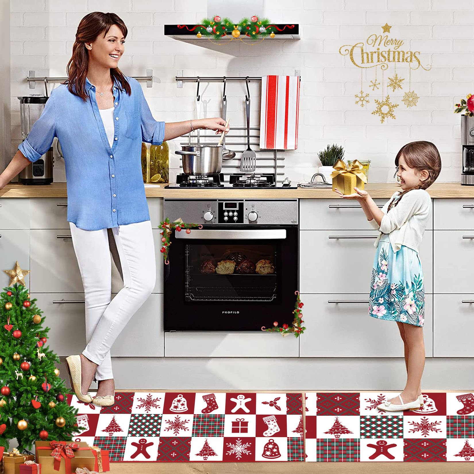 Tapis de cuisine Garvee Christmas, lot de 2, antidérapants et lavables, pour la cuisine et le couloir, 40 x 60 cm + 40 x 120 cm, multicolores