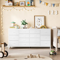 Garvee Meuble TV blanc 160 cm avec 14 tiroirs, prises électriques, pour chambre et salon, en tissu et bois, durable et anti-basculement