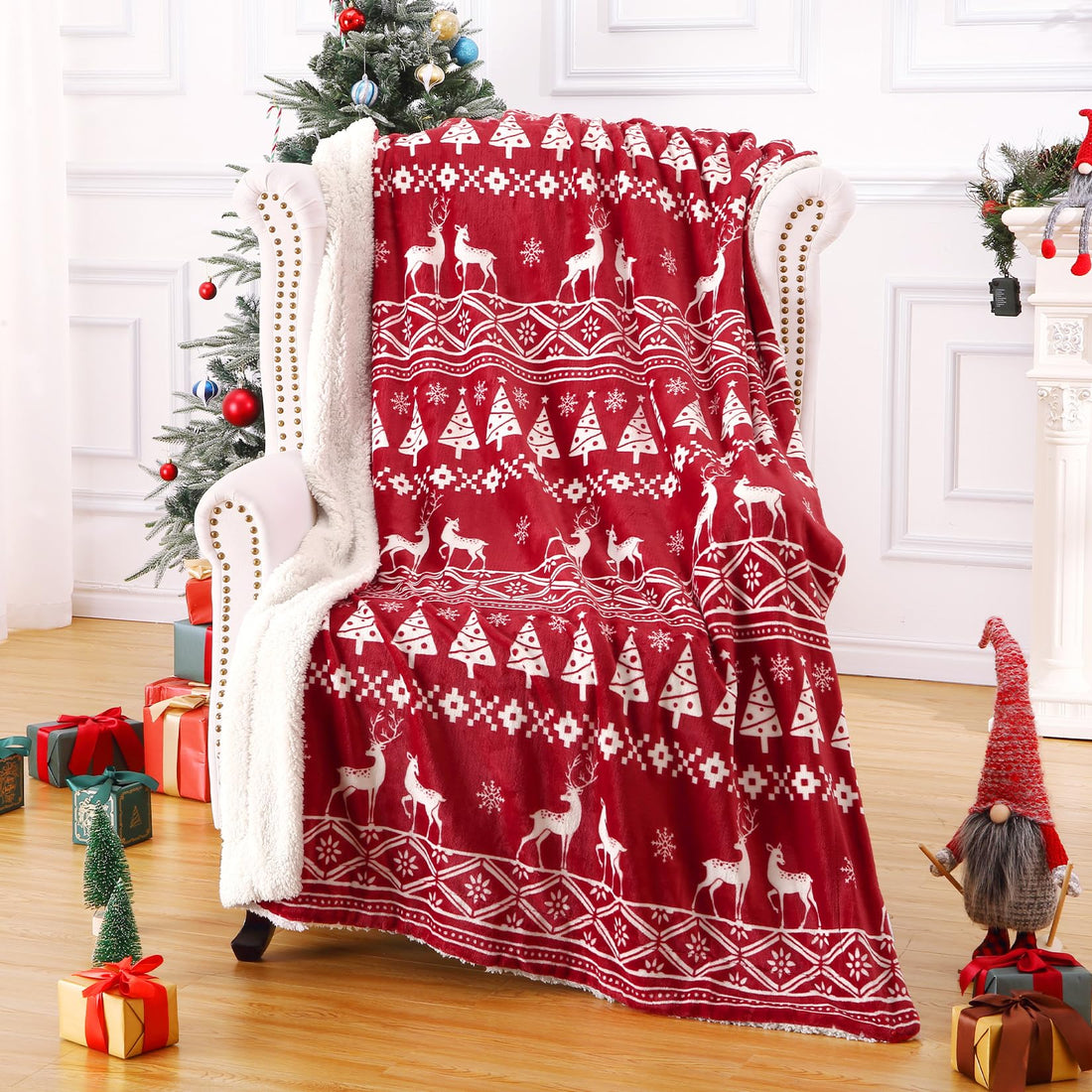 Garvee Couverture de Noël en flanelle sherpa rouge 50x60 - Chaude, réversible, douce et résistante - Idéale pour le canapé et le camping