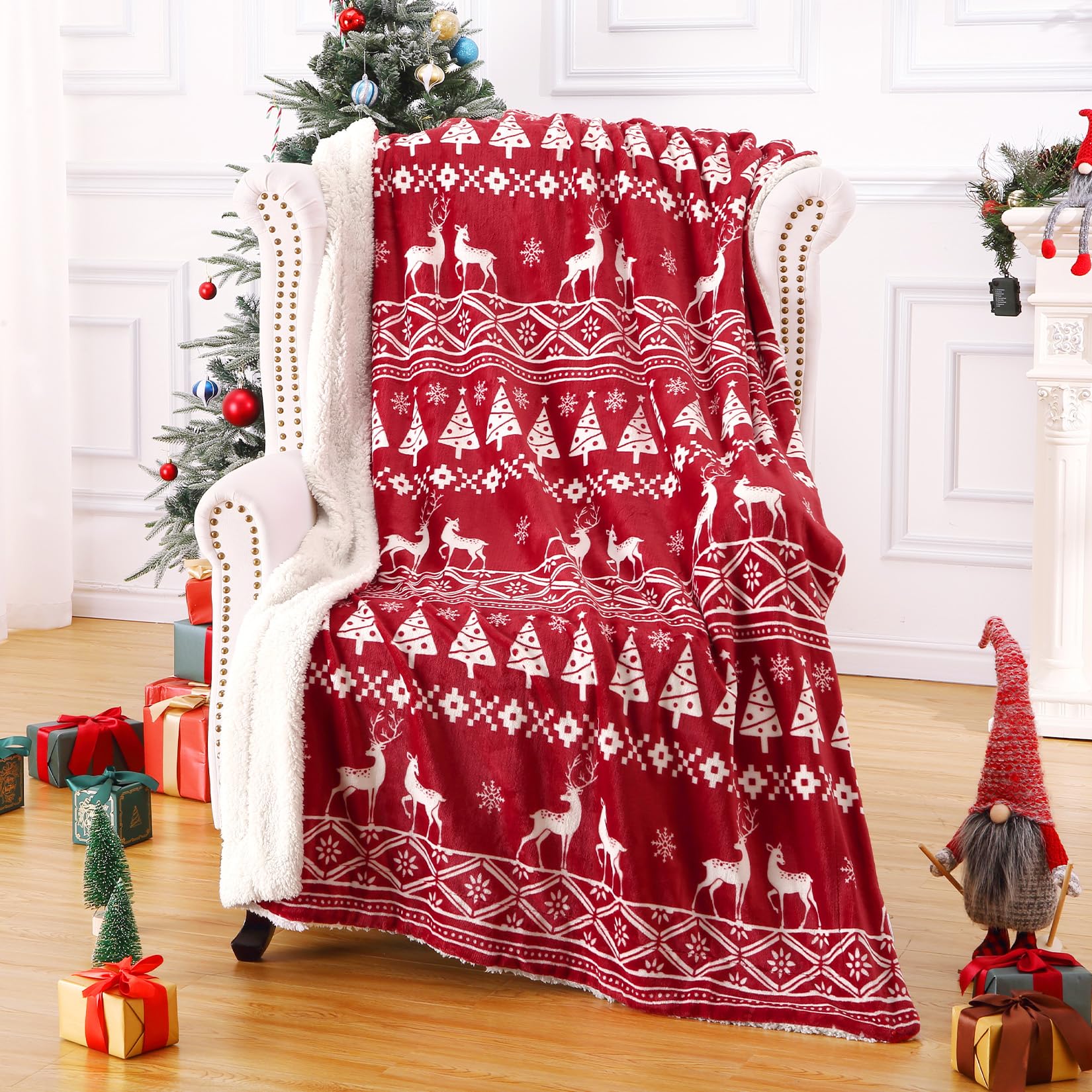 Couverture de Noël Garvee en flanelle sherpa rouge 50x60 - Chaude, réversible, douce et résistante - Idéale pour le canapé et le camping