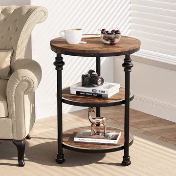 Garvee table d'appoint ronde à 3 étagères, pieds de support en métal, MDF rustique pour le salon et la chambre, 60 cm h × 46 cm l × 46 cm l, brune rustique