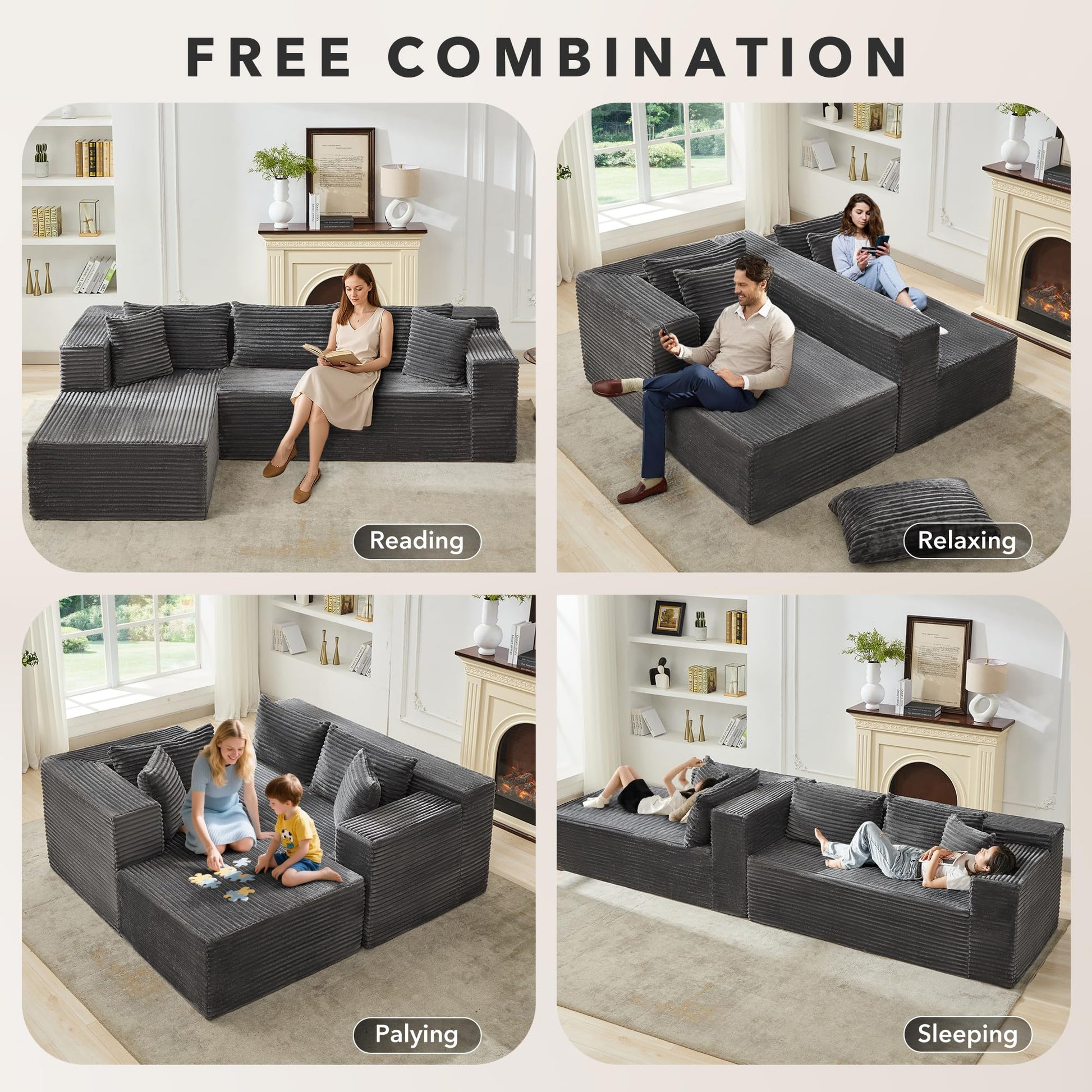 Canapé d'angle modulable Garvee 106' avec méridienne en L, revêtement en velours côtelé, ergonomique et respirant, pour salon, 106 pouces, beige