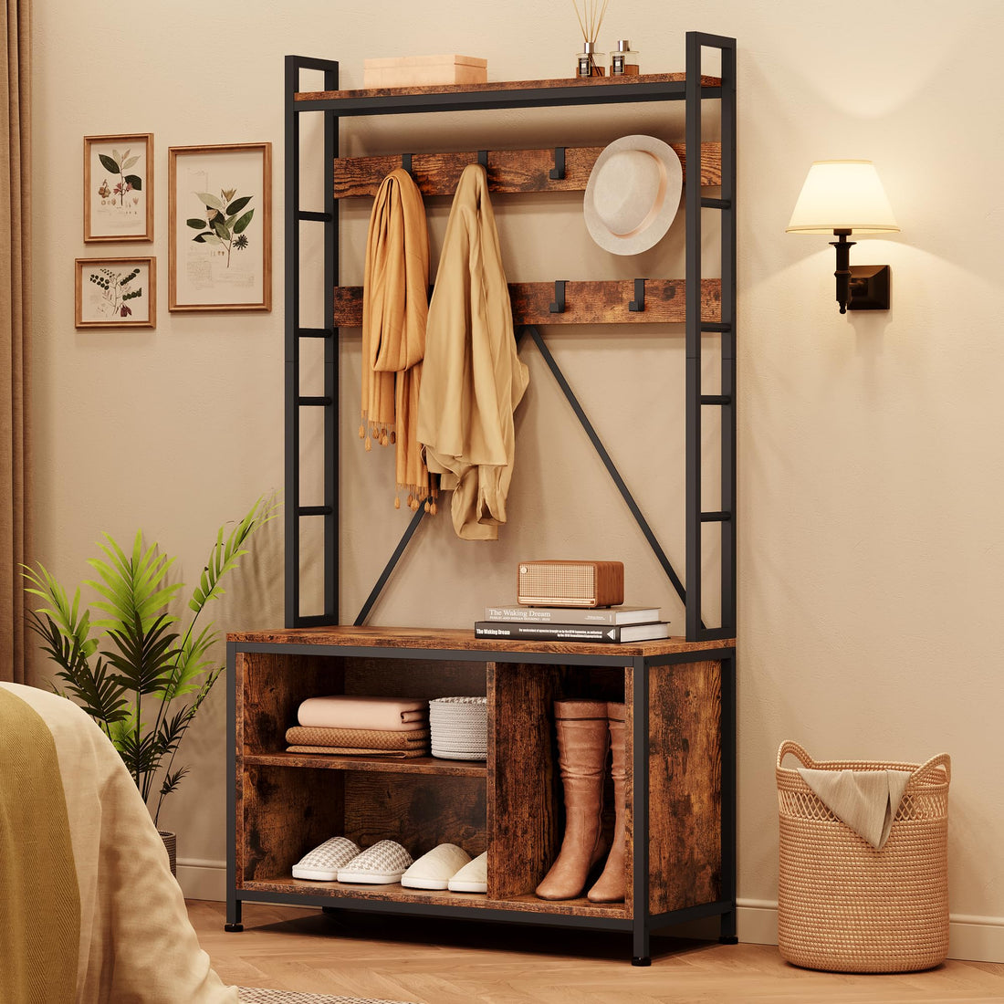 Garvee Porte-manteau avec banc et penderie 5 en 1, pour l'entrée et le vestibule, en bois rustique et ajustable