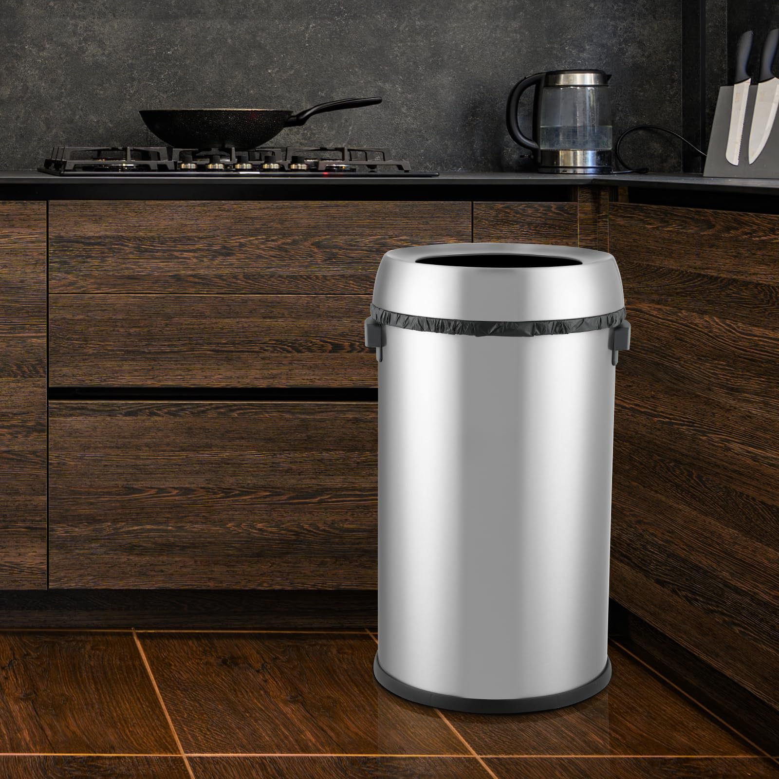 Poubelle ouverte Garvee 65 L (17 gal) en acier inoxydable brossé robuste, sans couvercle, avec poignées, pour la cuisine et l'extérieur.