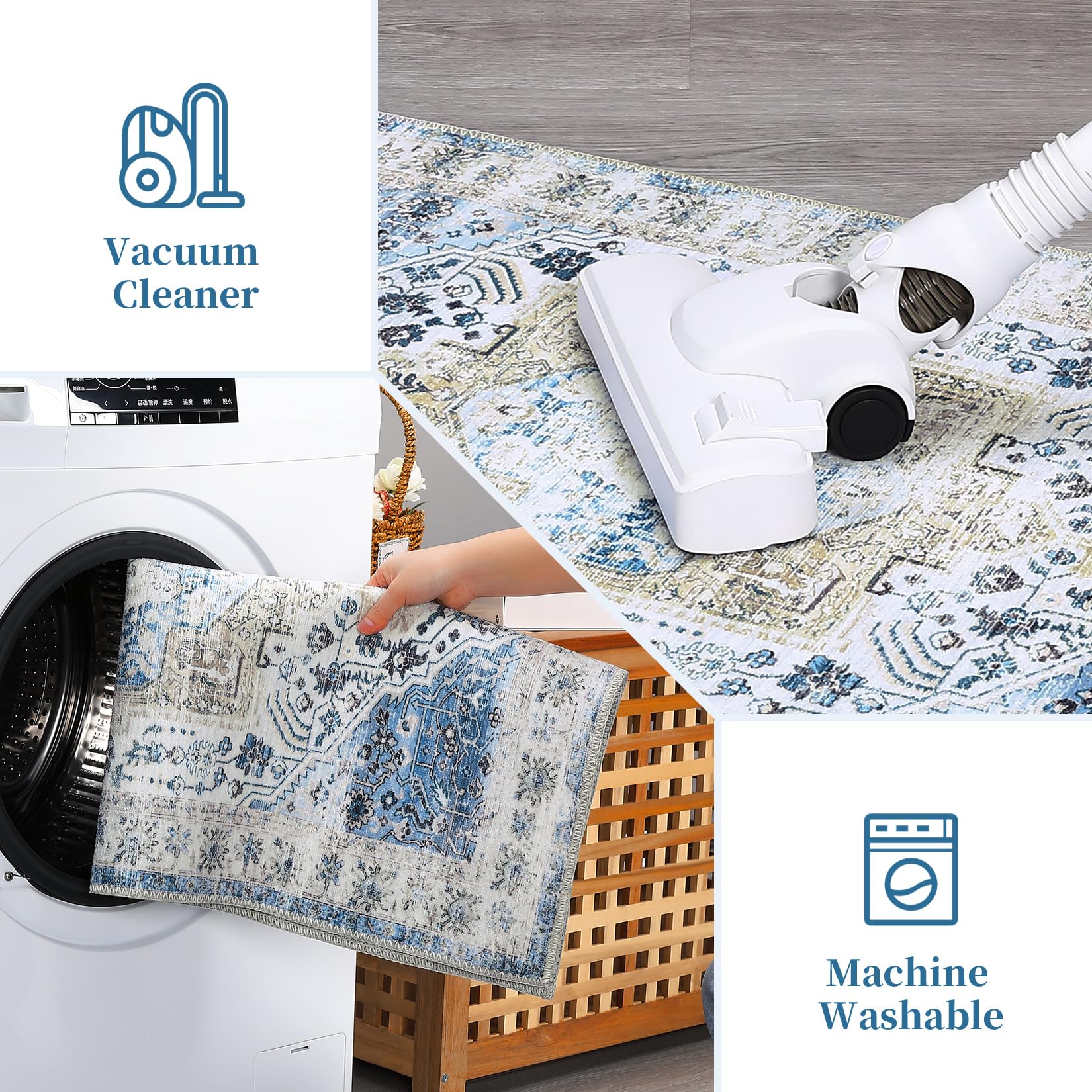 Tapis de sol vintage Garvee bleu 120x170 cm - Lavable en machine, à poils courts, en chenille antidérapante pour une utilisation intérieure et extérieure, tapis de chambre et de salon