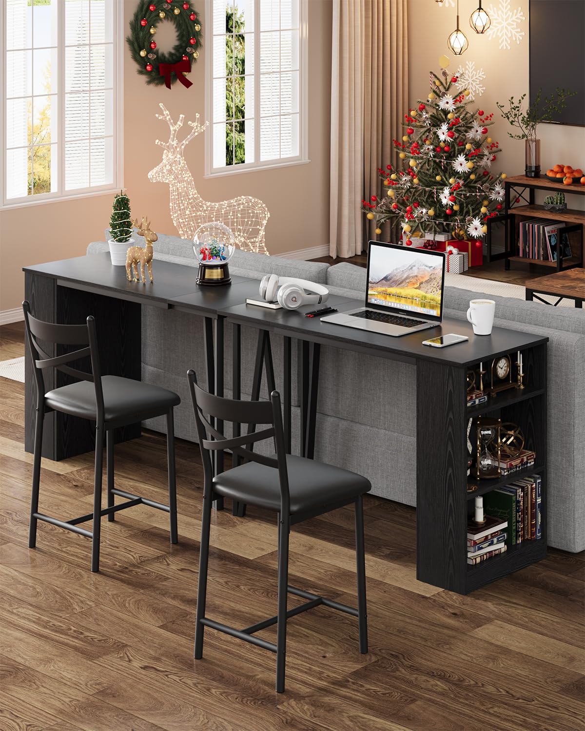 Ensemble table de bar extensible Garvee pour 2 à 4 personnes, coussins de 40 cm de large, MDF durable, espace de rangement, noir, idéal pour les petits appartements
