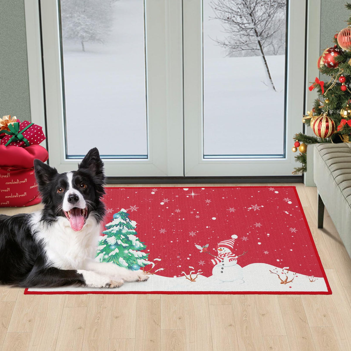 Tapis de Noël lavable Garvee avec sapin et bonhomme de neige imprimés, tapis d'extérieur antidérapant avec envers en caoutchouc, 50 x 80 cm