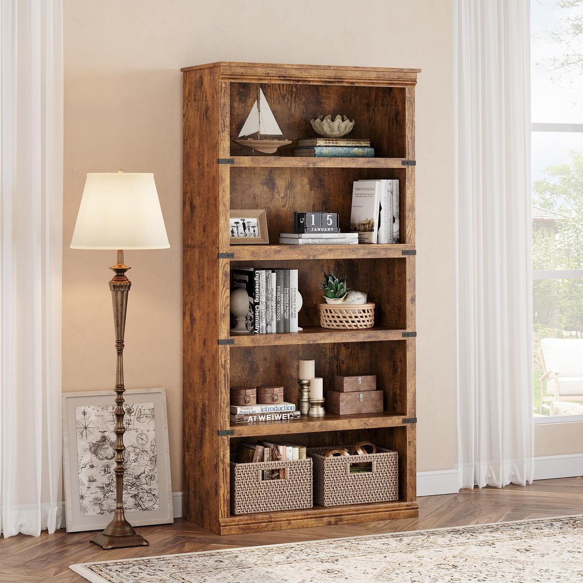 Garvee bibliothèque haute 80 × 32 × 171 cm, 5 niveaux ouverts, finition marron, style industriel