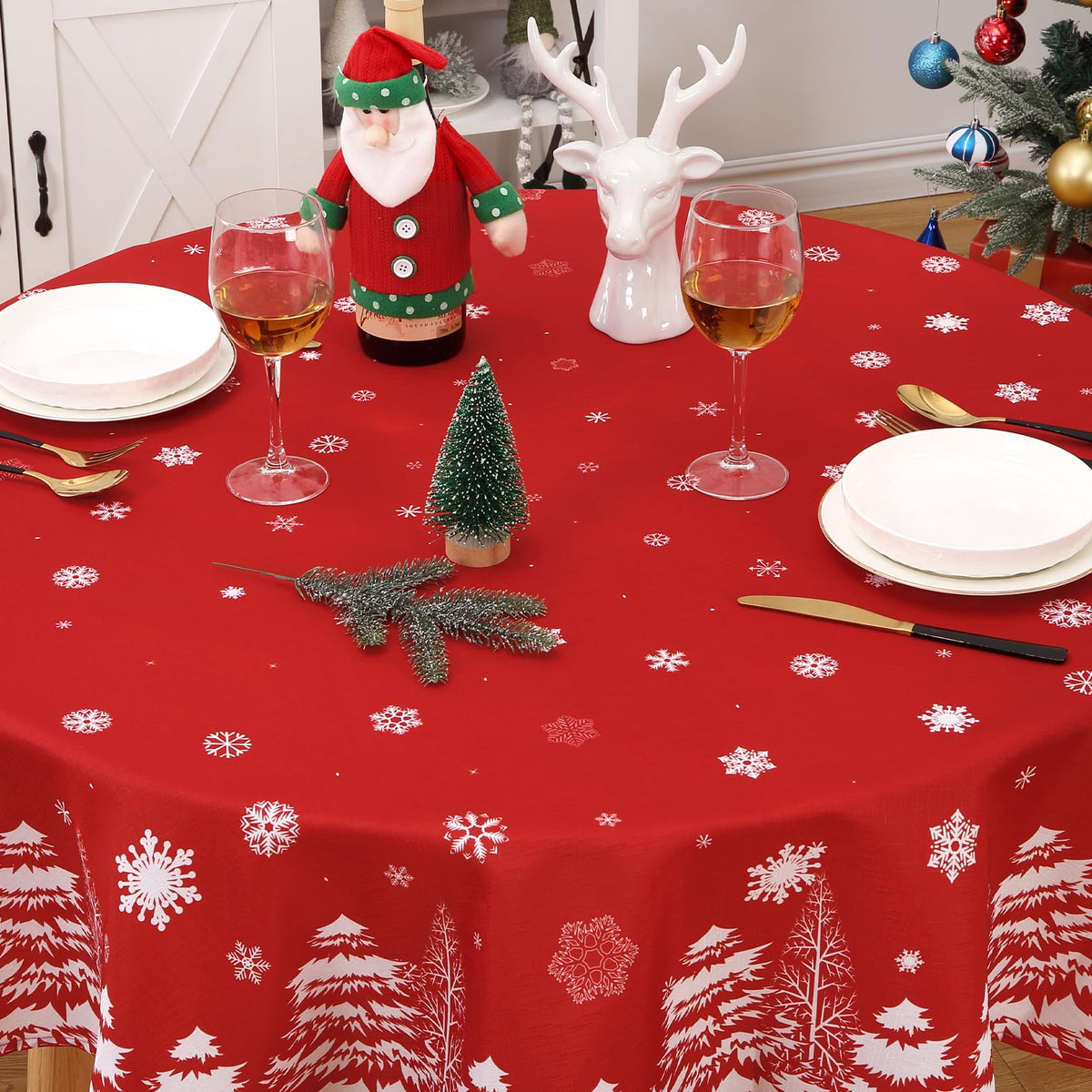 Garvee Nappe de Noël ronde à motif flocons de neige et épingles, déperlante, en polyester, idéale pour les fêtes de Noël et du Nouvel An, Rouge, 152 cm