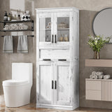 Garvee meuble de salle de bain de 170 cm de haut avec 4 portes et tiroir en verre, blanc antique, robuste et moderne, étagères réglables, MDF - Blanc
