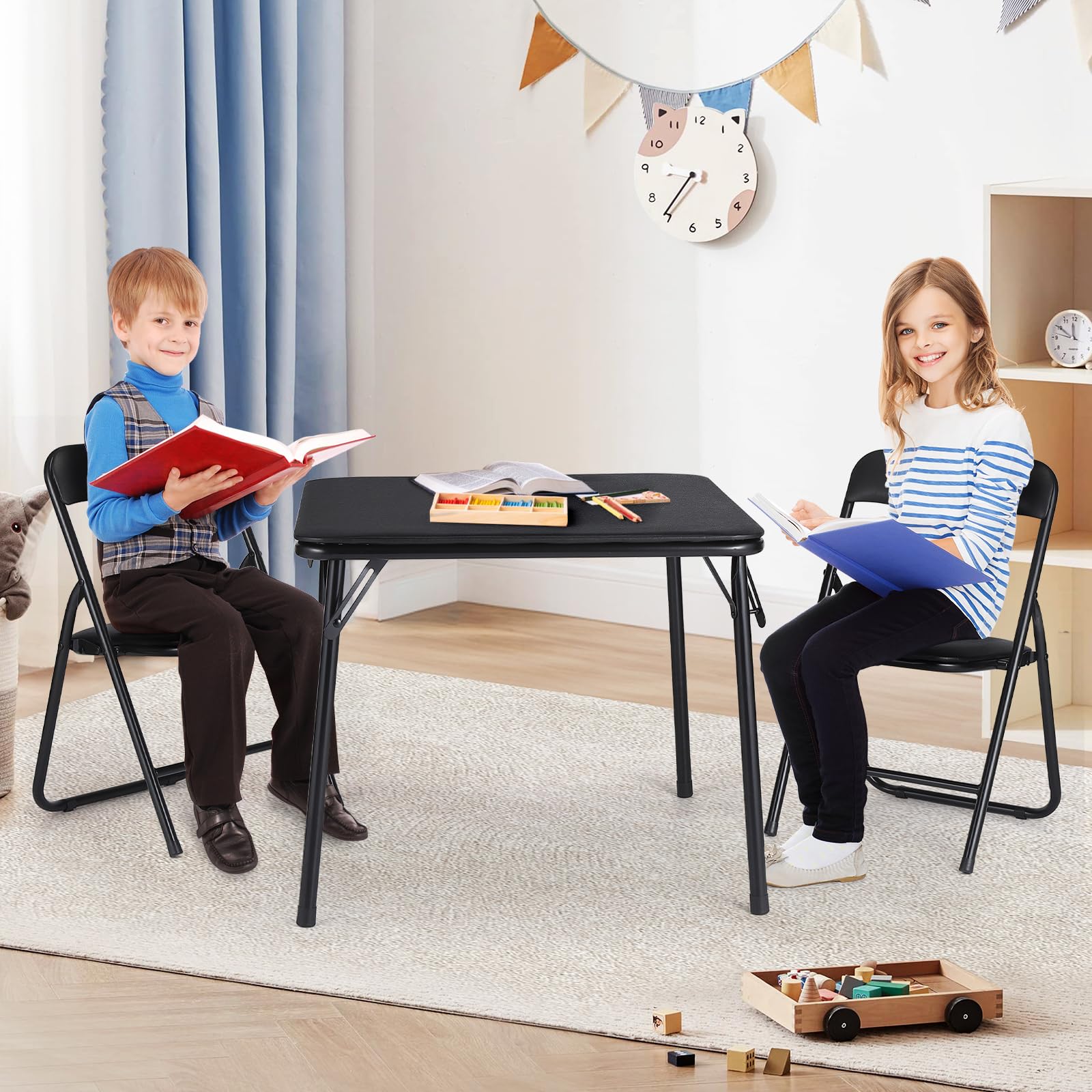Ensemble table et chaises pliantes pour enfants Garvee, structure en métal, rembourrées, pliables pour manger et jouer, chambre d'enfant, multicolore