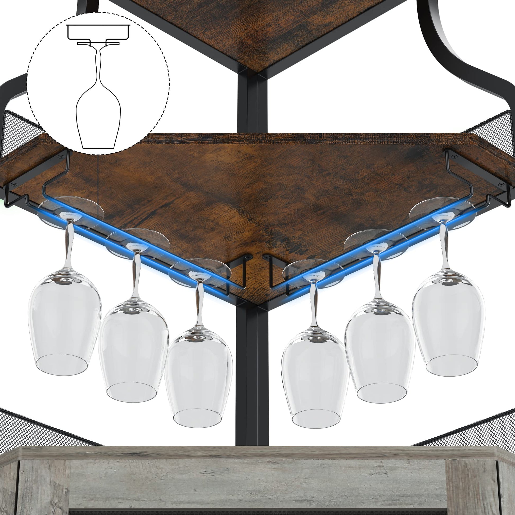 Meuble bar d'angle Garvee pour spiritueux avec étagères réglables, 155 cm, structure en métal, porte grillagée, MDF, pieds antidérapants, anti-basculement, cuisine et salon