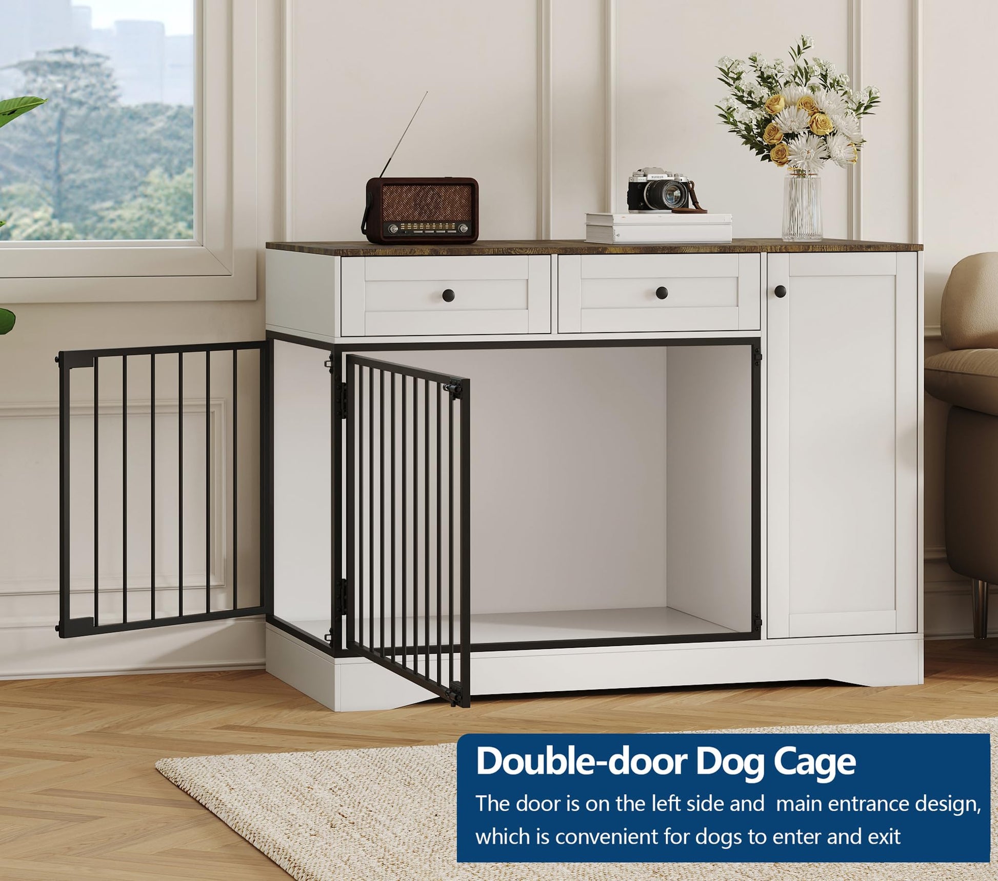 Meuble cage pour chien Garvee 47" style ferme avec double porte, 2 tiroirs et rangement, bois et métal, cage d'intérieur moderne, meuble TV, buffet pour chiens de petite et moyenne taille, marron