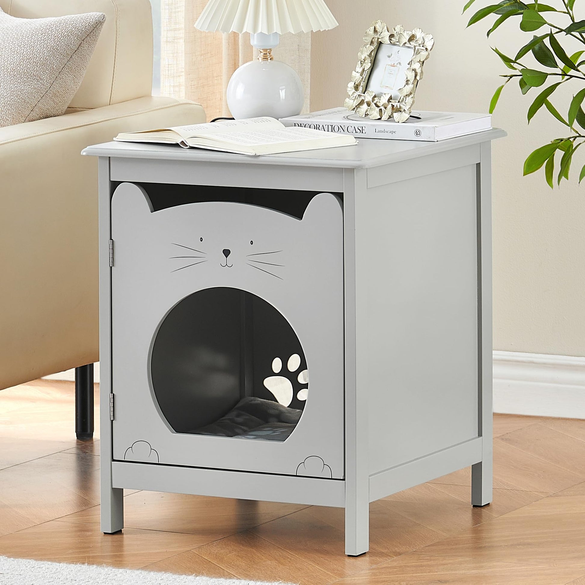 Garvee Bac à litière pour chat avec porte et aération, servant de table d'appoint pour le salon, 47,5 cm (L) x 50,8 cm (l) x 60,5 cm (H), gris