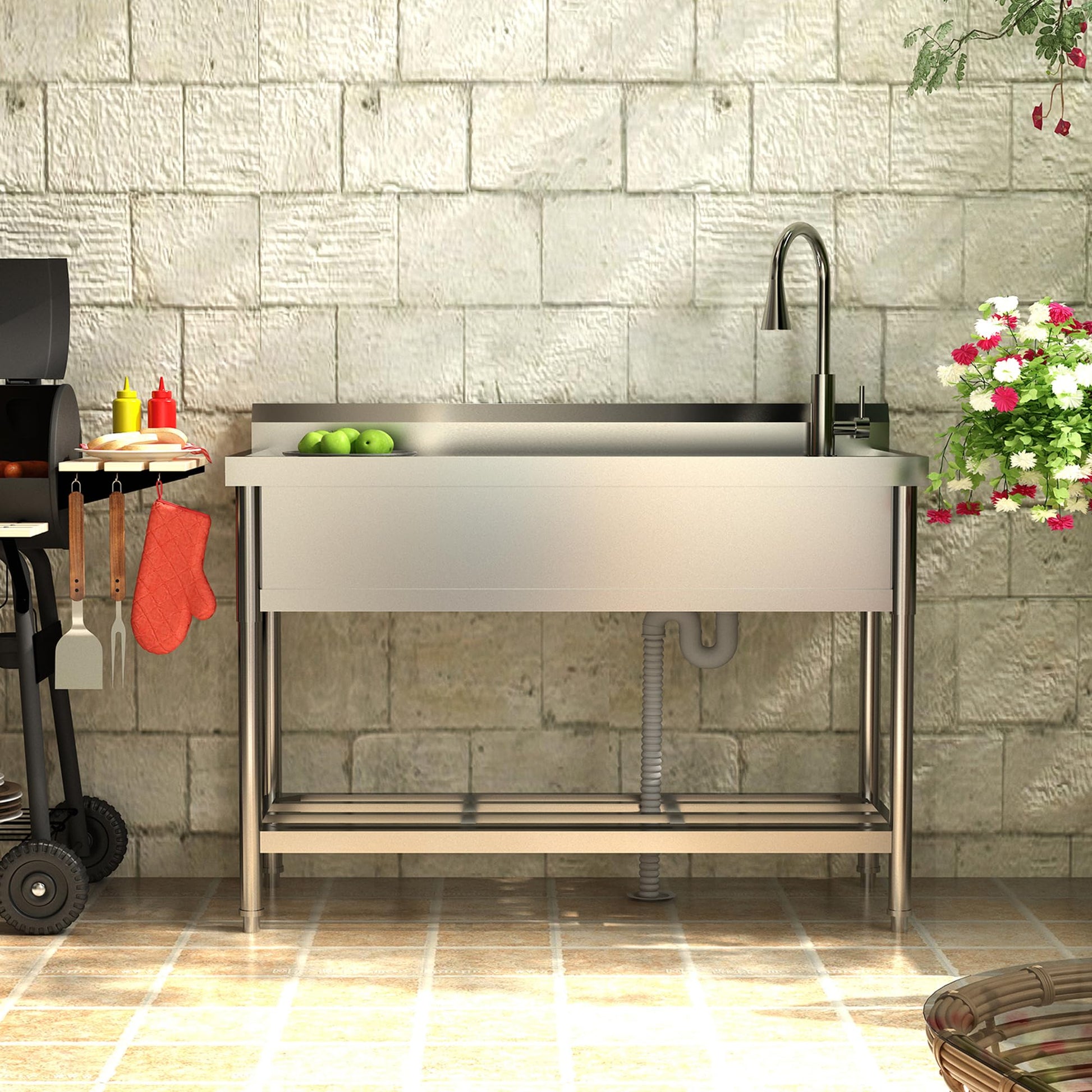 Garvee Évier Utilitaire en Acier Inoxydable 120 × 51 × 92 cm, Grand Bac Unique avec Douchette et Robinet Extractible, pour Cuisine, Jardin et Buanderie